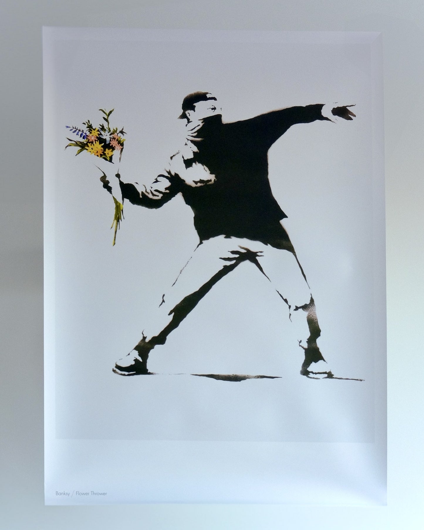 Detailed view of Banksy's 'Love Is In The Air' print, also known as 'Flower Thrower', featuring the iconic street art piece.