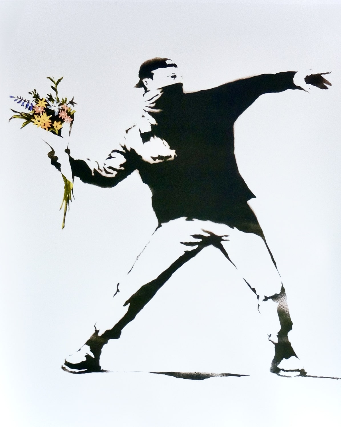 High-quality image of Banksy's 'Flower Thrower' print, showing a young man in militant attire throwing a bouquet of flowers.