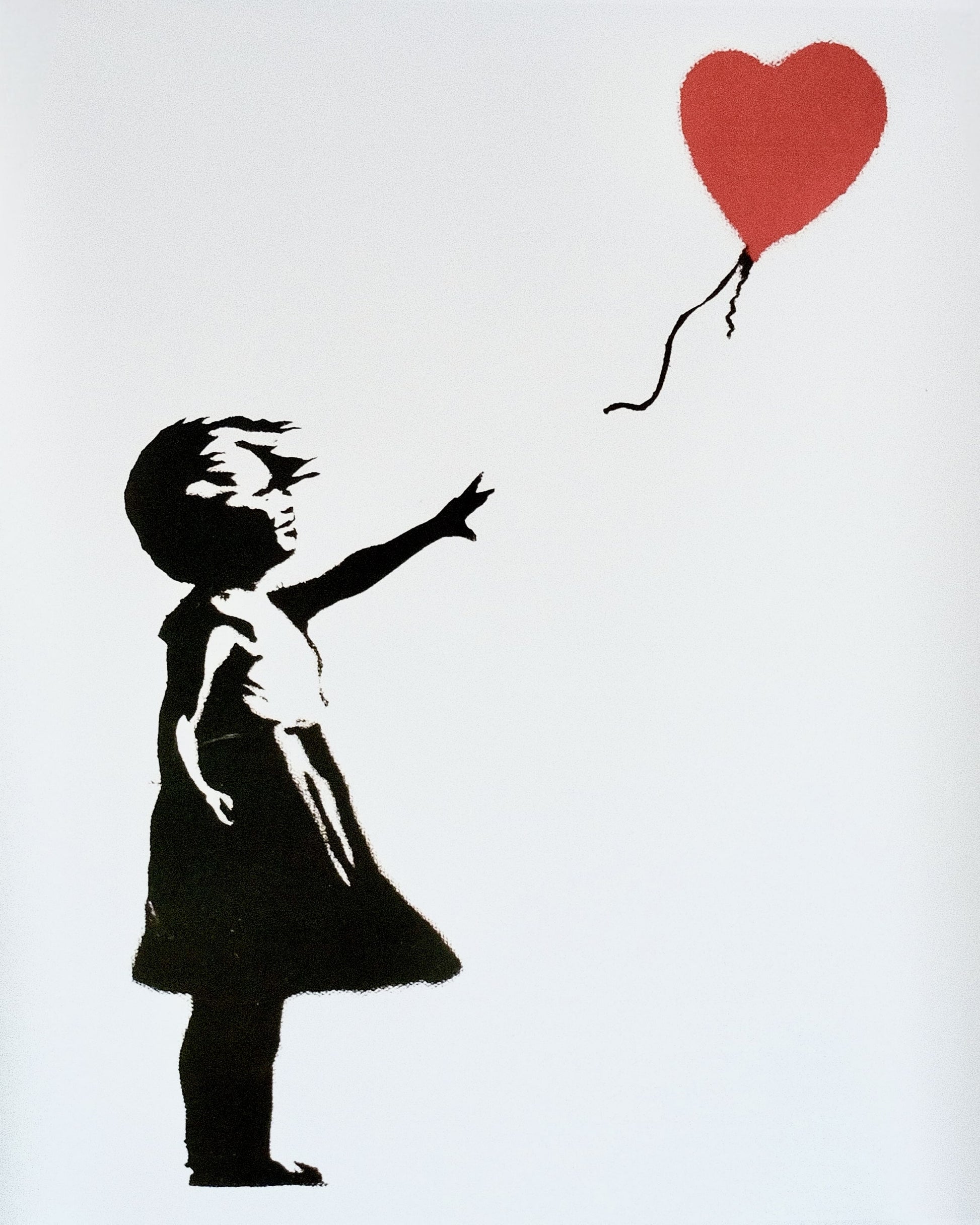 High-quality image of Banksy's 'Girl with Balloon' print, featuring the iconic artwork of a girl releasing a red heart-shaped balloon.