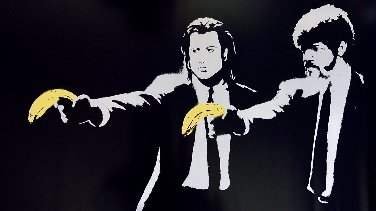 Banksy's 'Pulp Fiction' print featuring characters from the film holding bananas instead of guns, highlighting the anti-violence message.