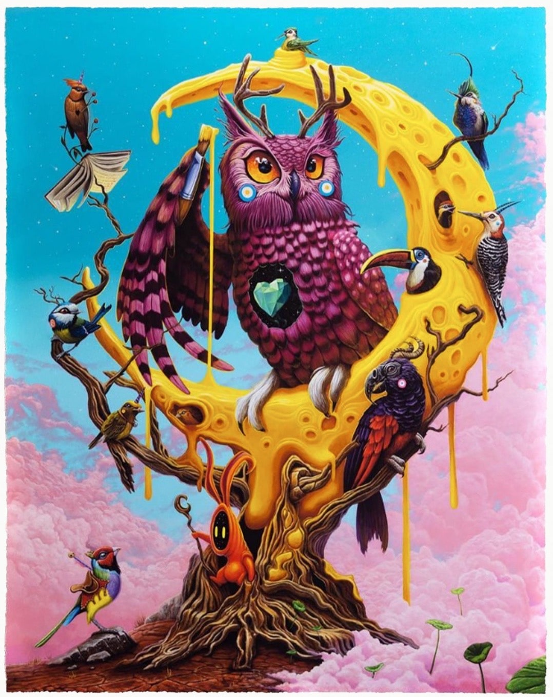 Dulk's 'LUNA' print featuring an owl creating the moon as a refuge for birds, with the Soul Rider character.