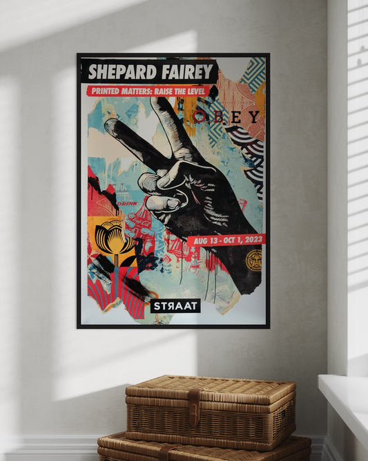 Framed 'Printed Matters: Raise the Level' print by Shepard Fairey displayed on a wall, adding a striking focal point to the room.